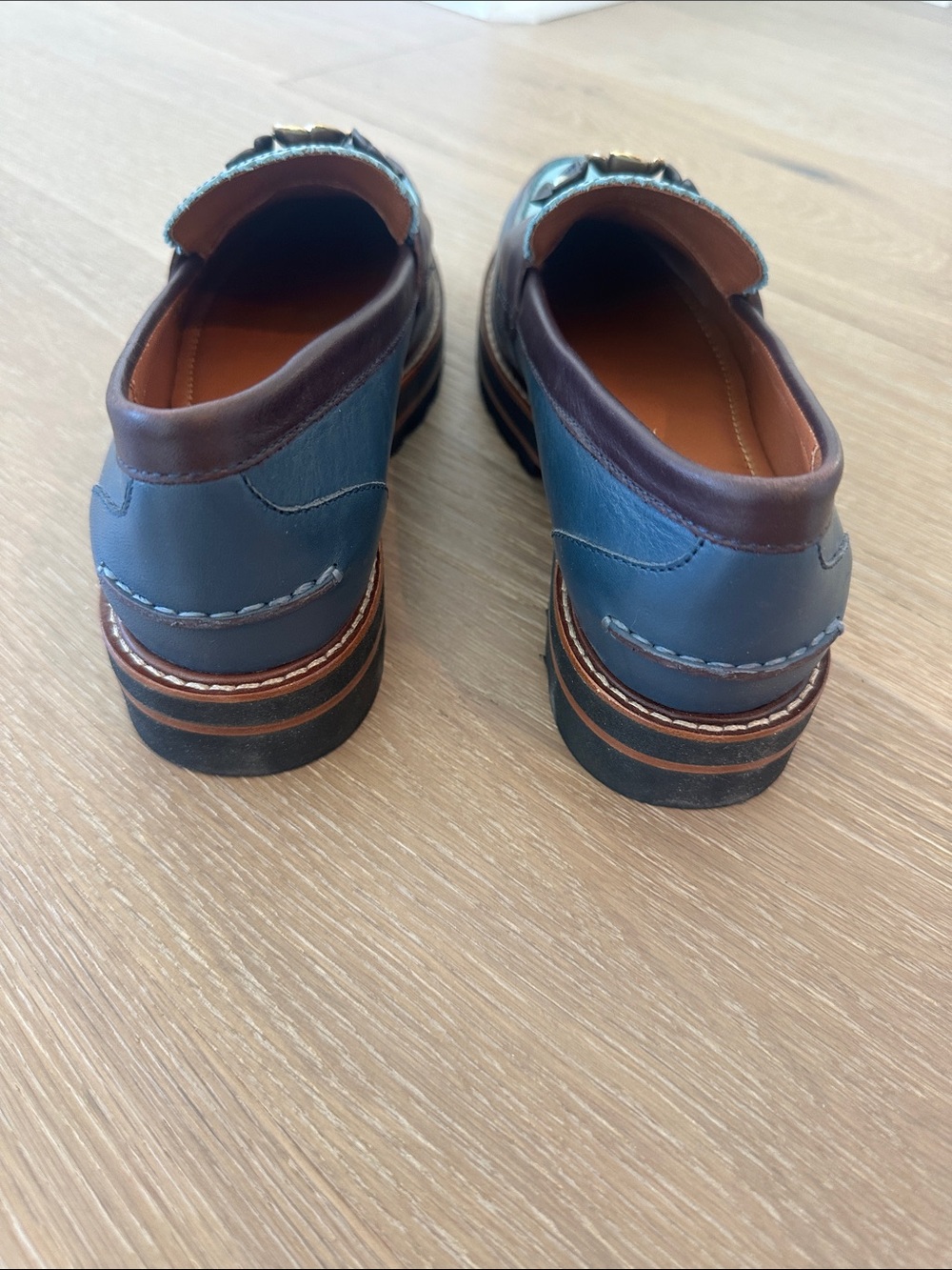 Coach Two-Tone Light Blue and Dark Blue Leather Flower-Trim Loafers - Picture 7 of 7